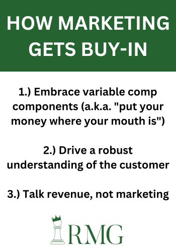 Revenue marketing takes hold when marketing gains cross-functional buy-in via adopting variable comp, talking revenue (not marketing), and driving greater understanding of the customer