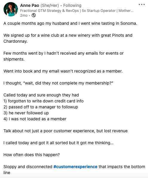 Anne Pao posted on a miss a winery had with her signing up for their loyalty program. Small businesses can't afford these mistakes.
